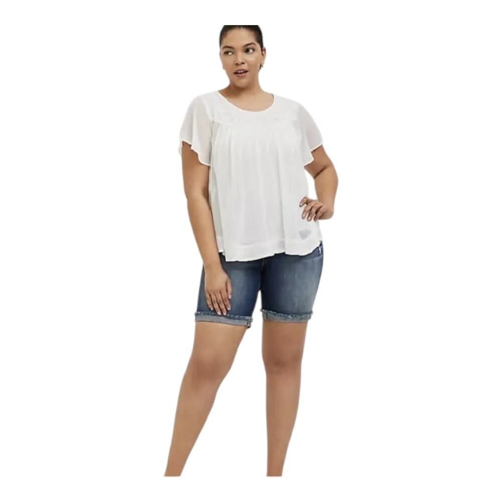 Torrid Size 0 / Large White Sheer to Semi-Sheer Blouse Short Sleeves Embroidered - Picture 5 of 15